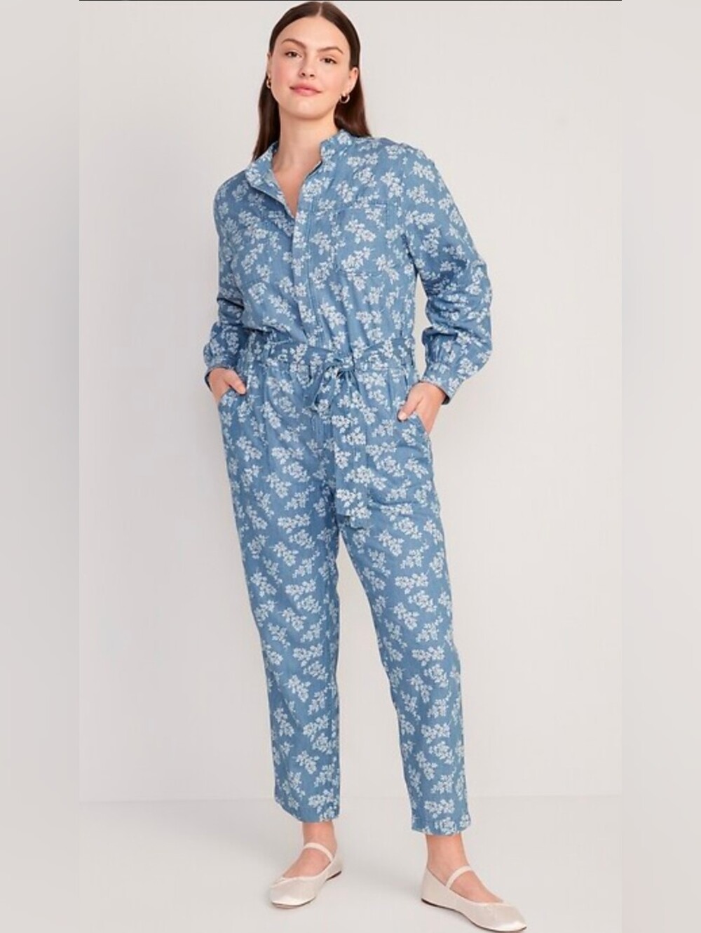#89 Old Navy Waist-Defined Floral Non-Stretch Jean Jumpsuit P2p21 L55 R13 W15